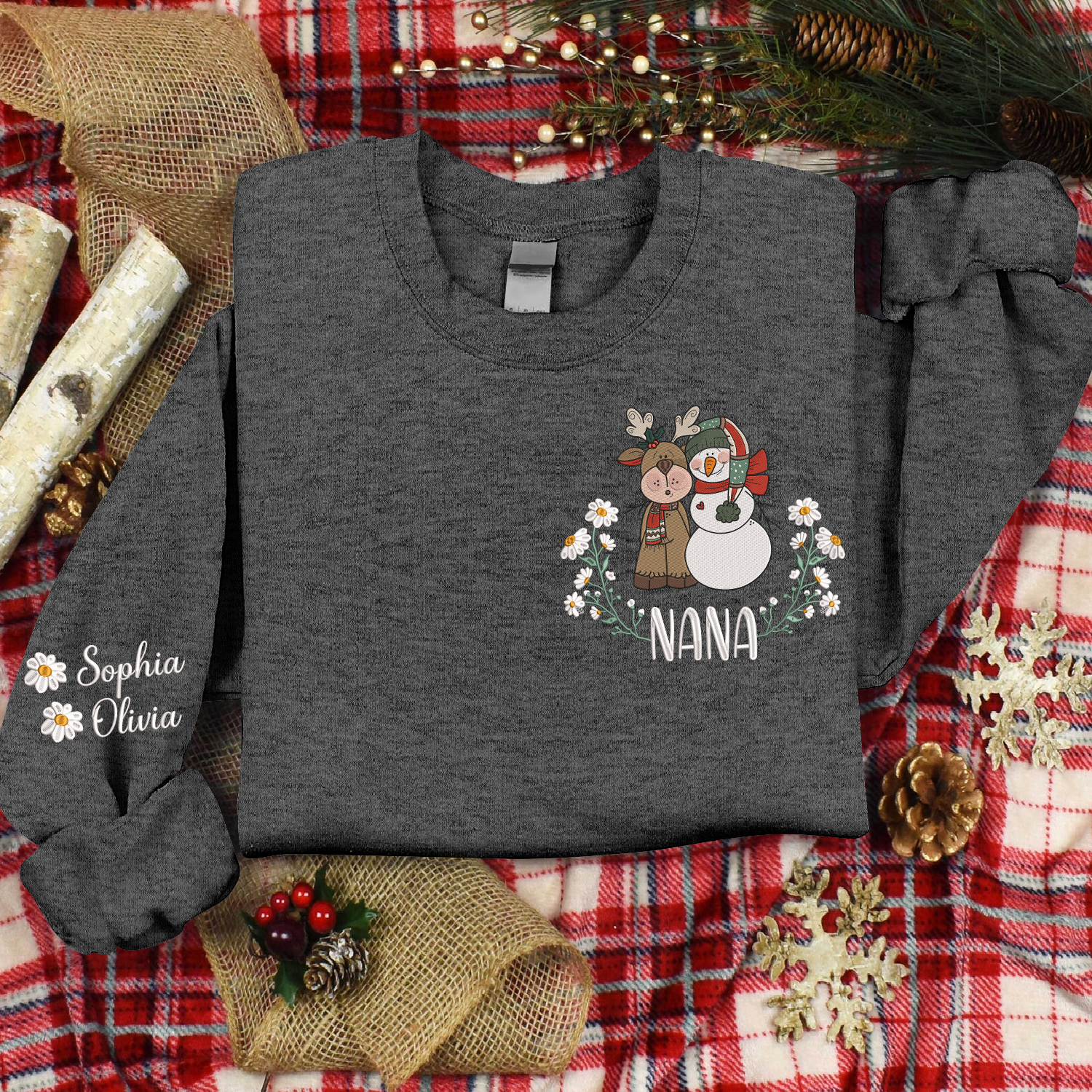 Lofaris Custom Embroidered Reindeer Snowman Sweatshirt