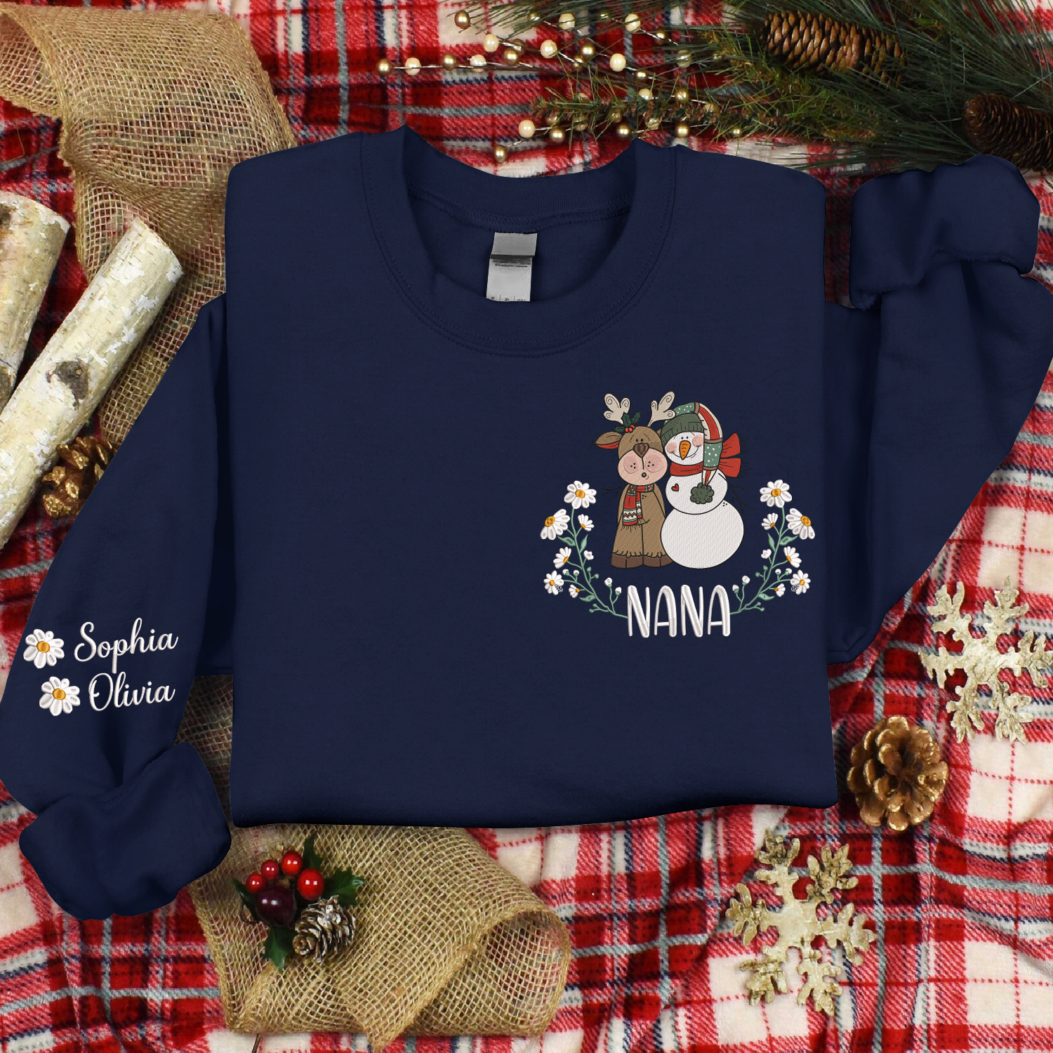 Lofaris Custom Embroidered Reindeer Snowman Sweatshirt