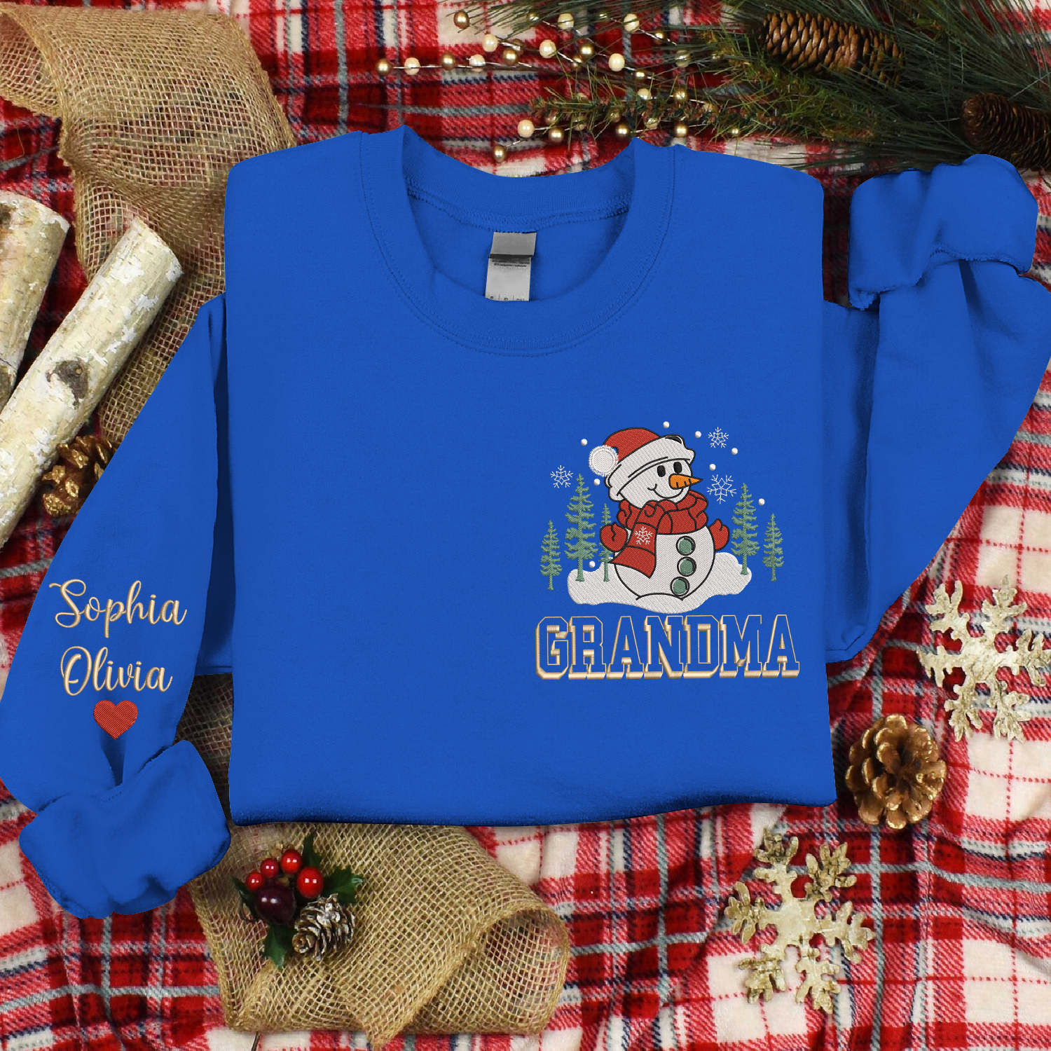 Lofaris Custom Embroidered Snowman Tree Grandma Sweatshirt