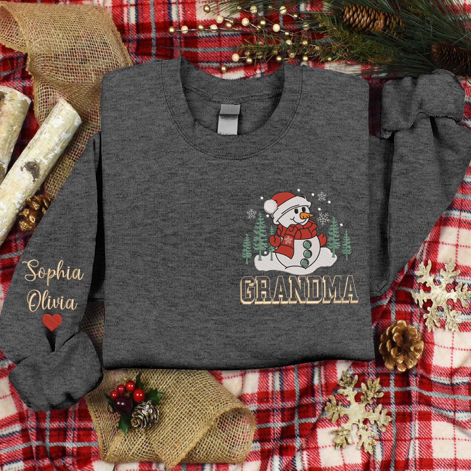 Lofaris Custom Embroidered Snowman Tree Grandma Sweatshirt