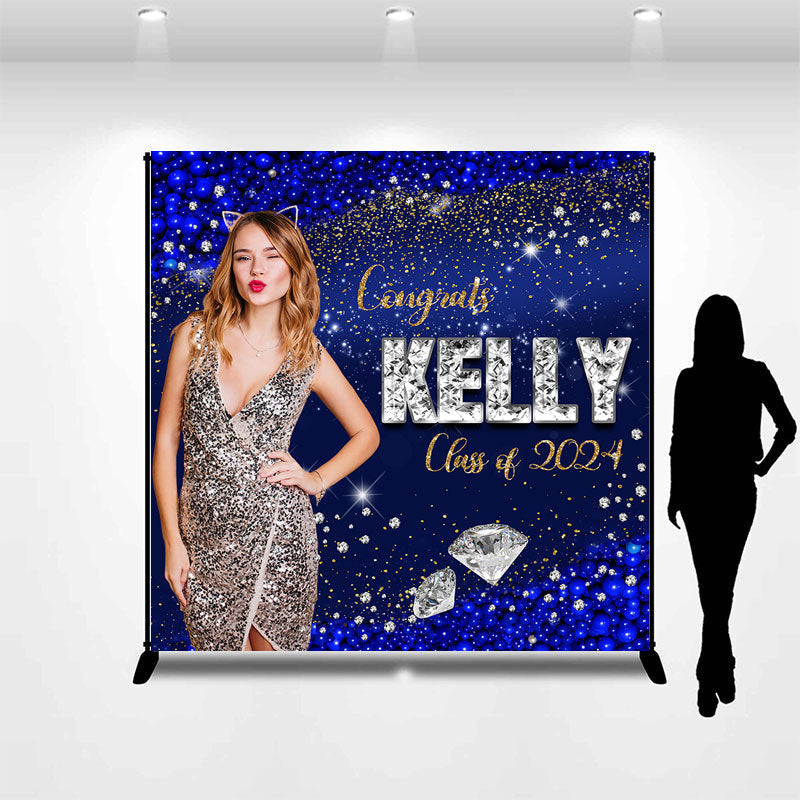 Lofaris Custom Glitter Blue Congrats Graduation Backdrop with Photo