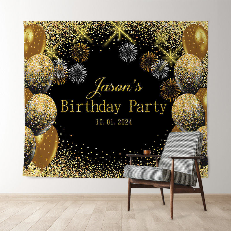 Custom Glitter Gold Balloon Spark Birthday Backdrop Lofaris
