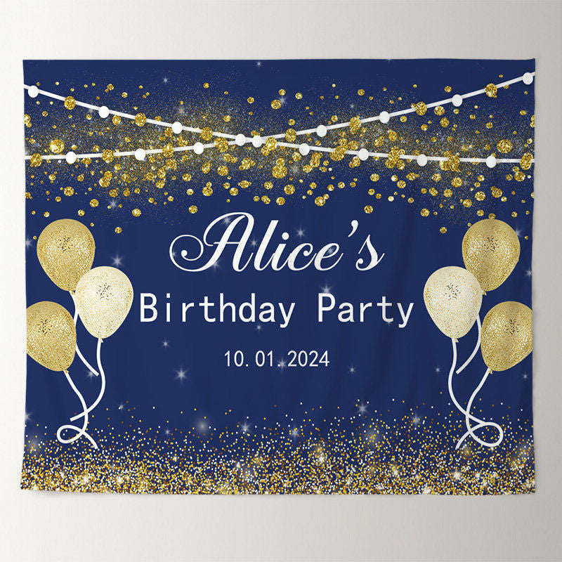 Lofaris Custom Gold Glitter Balloon Blue Birthday Backdrop