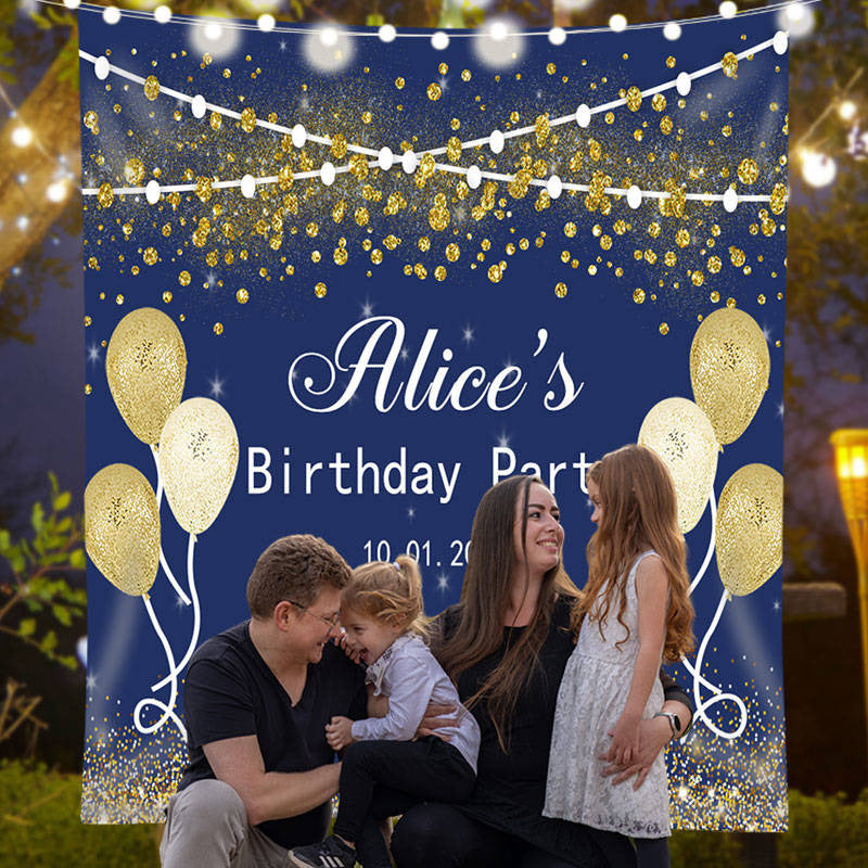 Lofaris Custom Gold Glitter Balloon Blue Birthday Backdrop