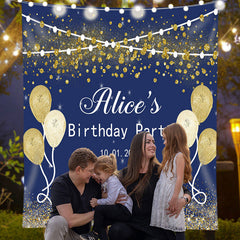 Lofaris Custom Gold Glitter Balloon Blue Birthday Backdrop