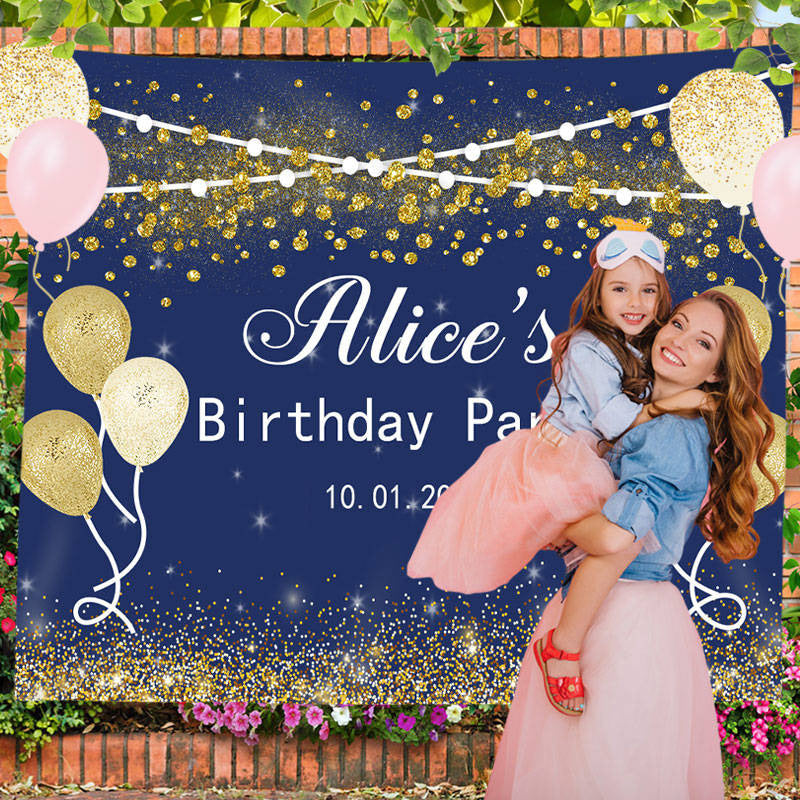 Lofaris Custom Gold Glitter Balloon Blue Birthday Backdrop