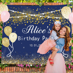 Lofaris Custom Gold Glitter Balloon Blue Birthday Backdrop
