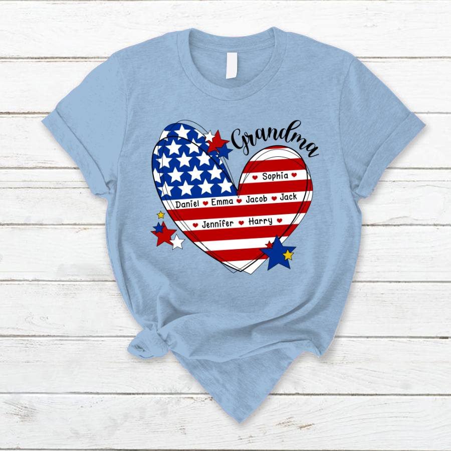 Lofaris Custom Grandma And Kids Heart America Flag T - Shirt