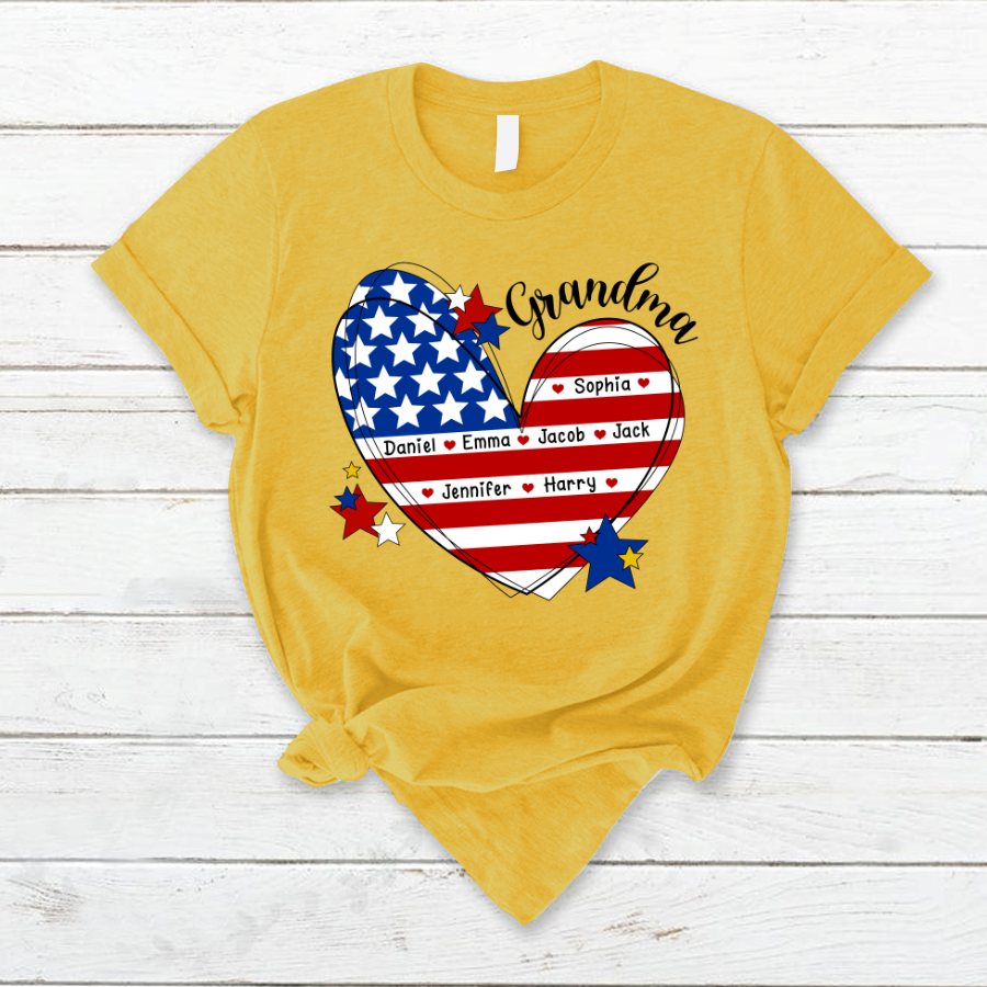 Lofaris Custom Grandma And Kids Heart America Flag T - Shirt
