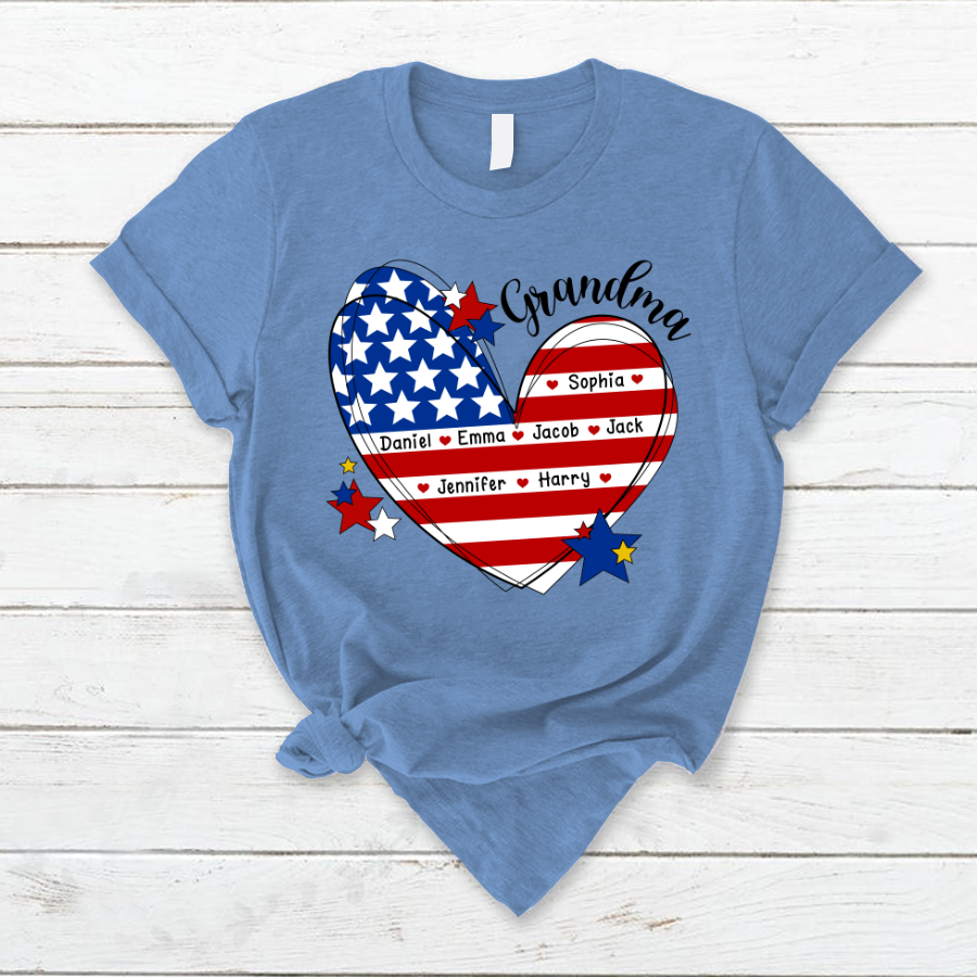 Lofaris Custom Grandma And Kids Heart America Flag T - Shirt
