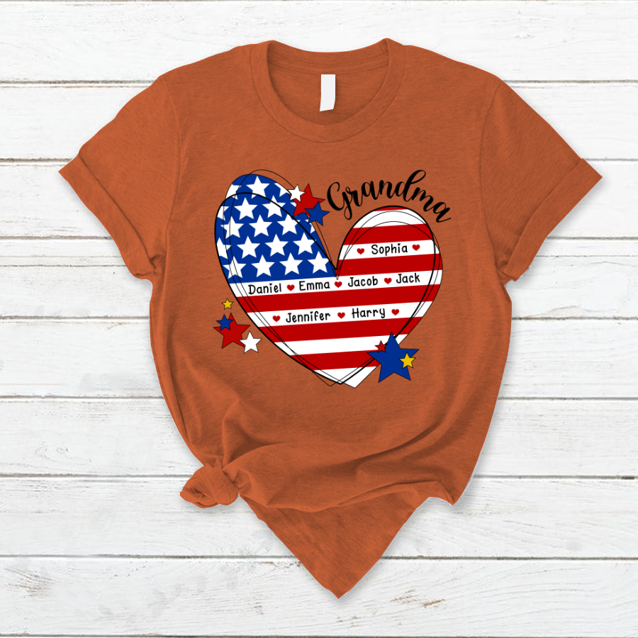 Lofaris Custom Grandma And Kids Heart America Flag T - Shirt