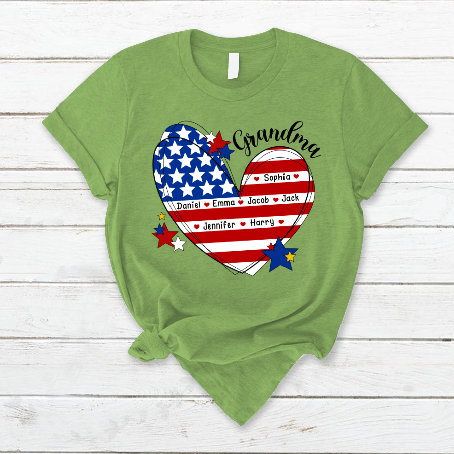 Lofaris Custom Grandma And Kids Heart America Flag T - Shirt