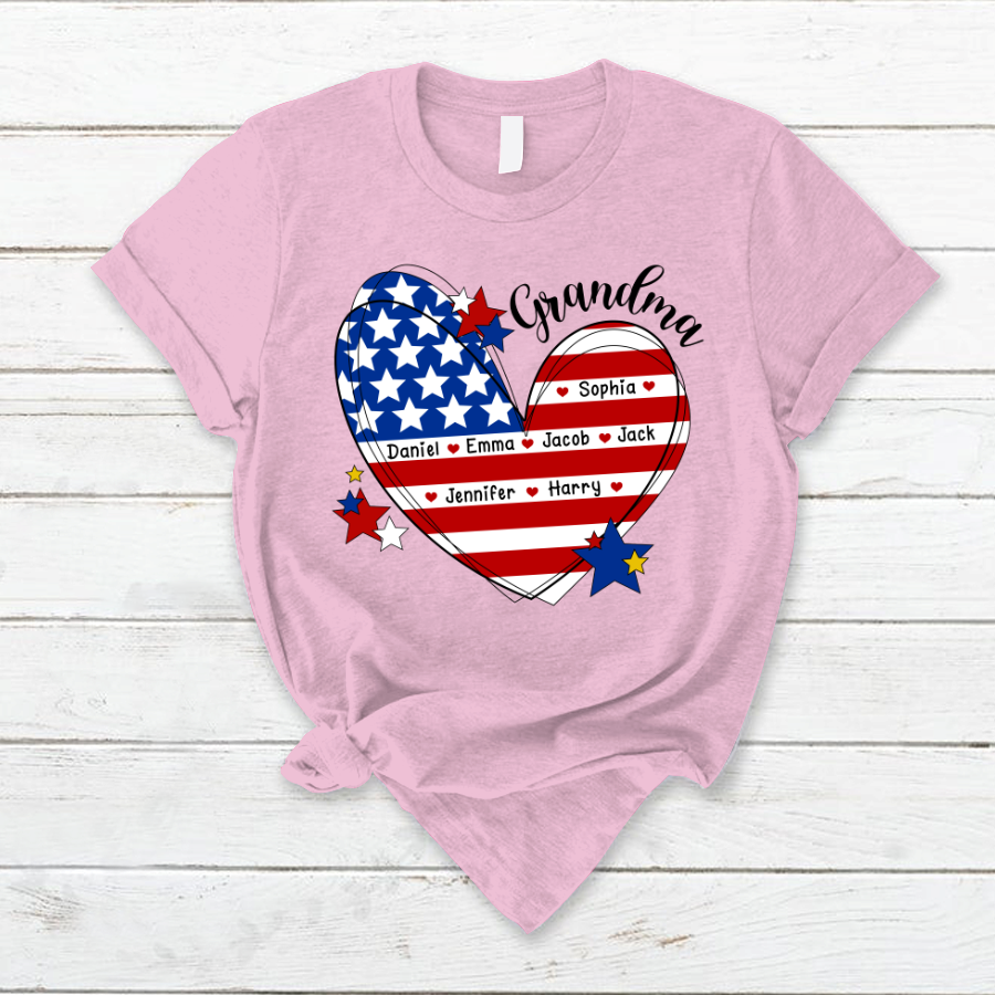 Lofaris Custom Grandma And Kids Heart America Flag T - Shirt