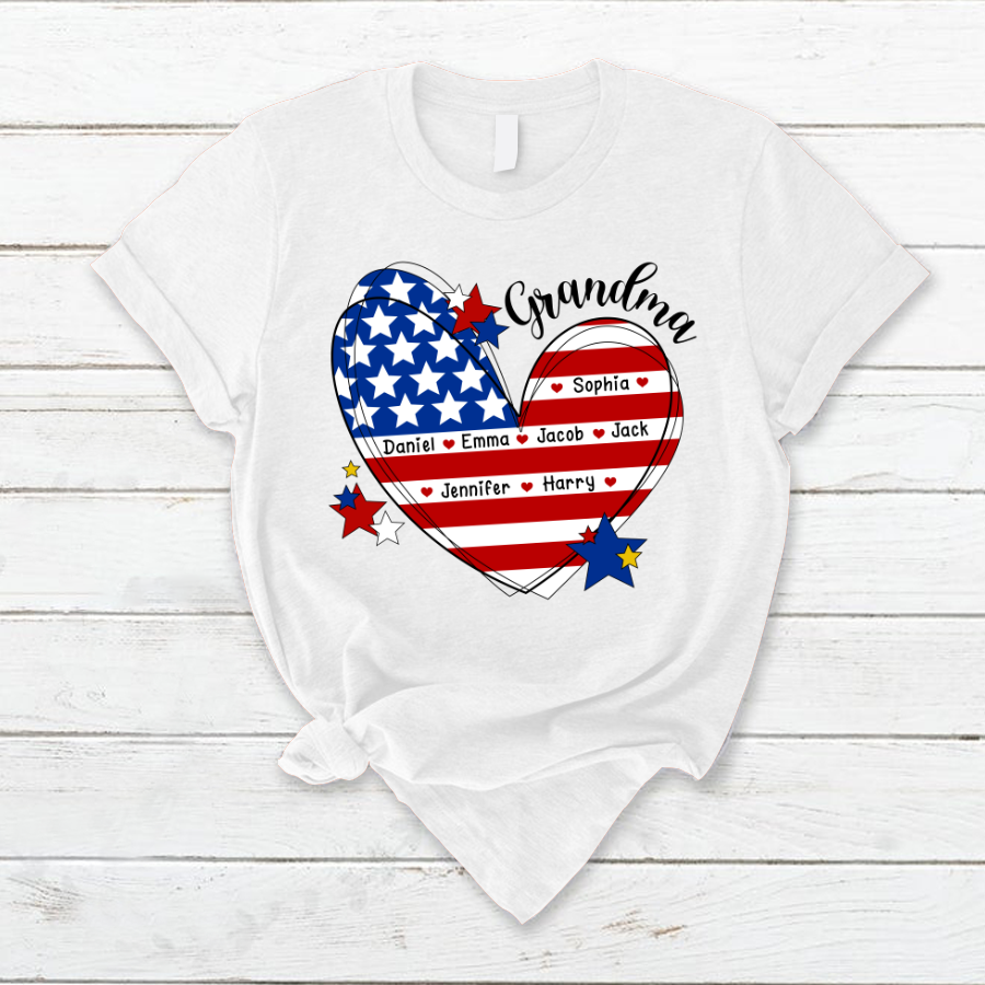 Lofaris Custom Grandma And Kids Heart America Flag T - Shirt