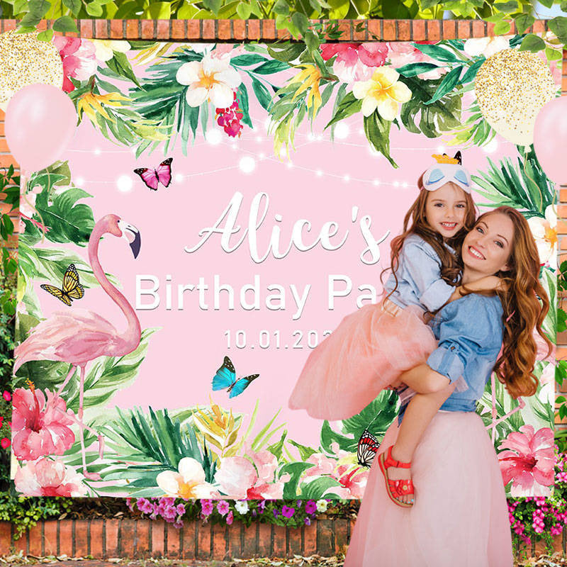 Lofaris Custom Hawaiian Flamingo Monstera Birthday Backdrop