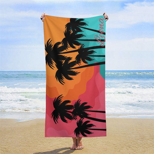 Lofaris Custom Name Coconut Tree Summer Sunset Beach Towel
