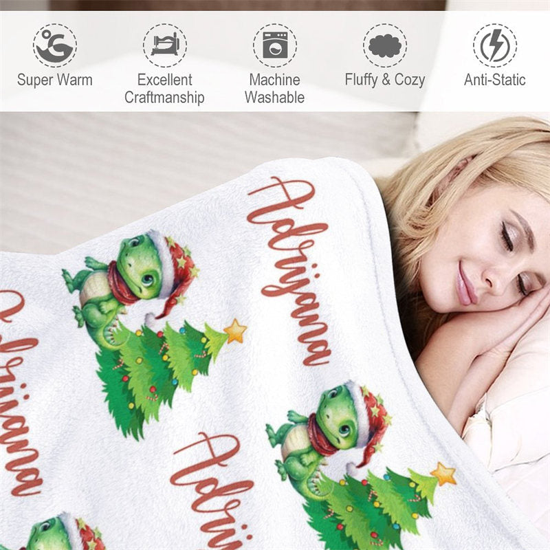 Lofaris Custom Name Dinosaur Pine Tree Christmas Blanket