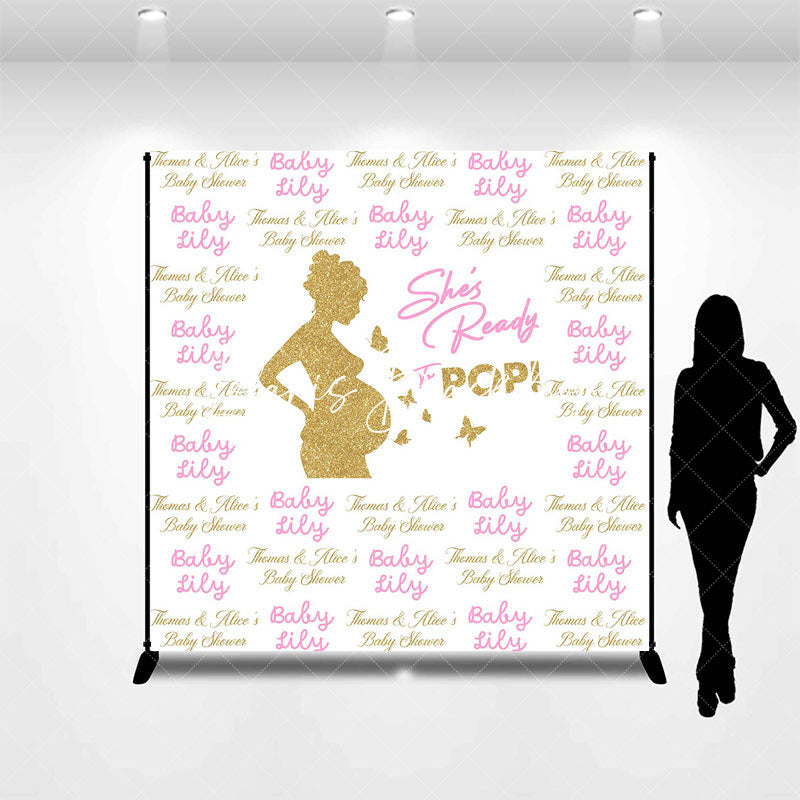 Lofaris Custom Name Gold Pregnant Woman Baby Shower Backdrop