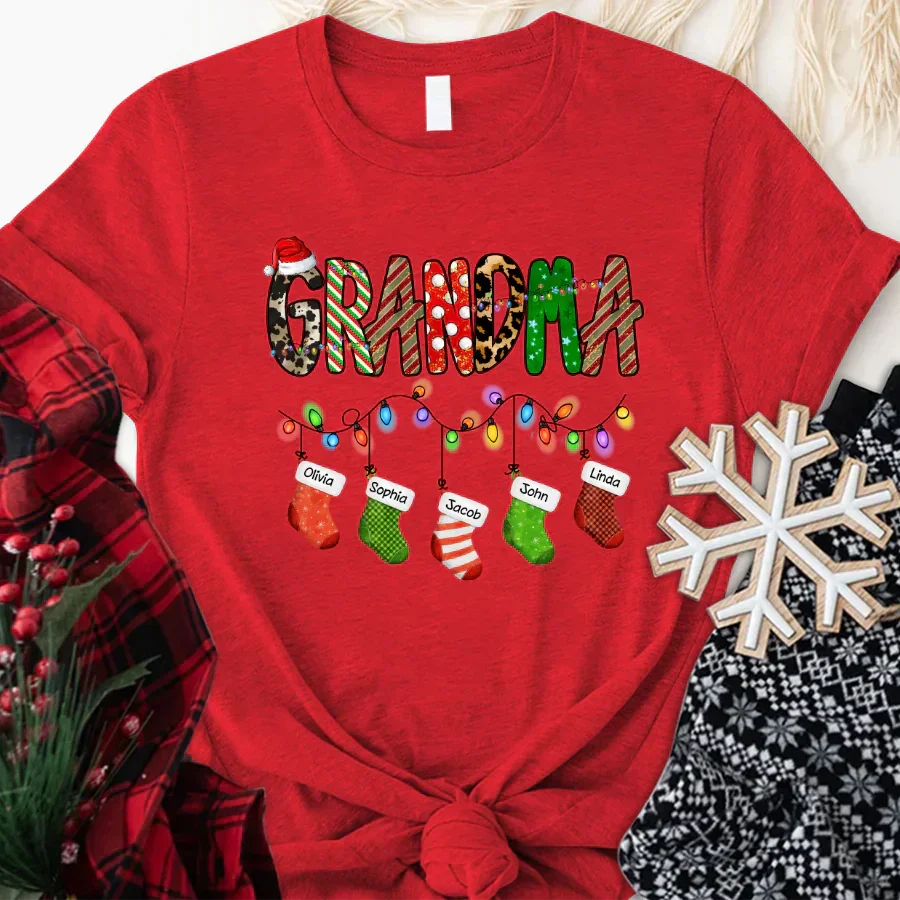 Lofaris Custom Name Grandma Christmas Stockings T-Shirt