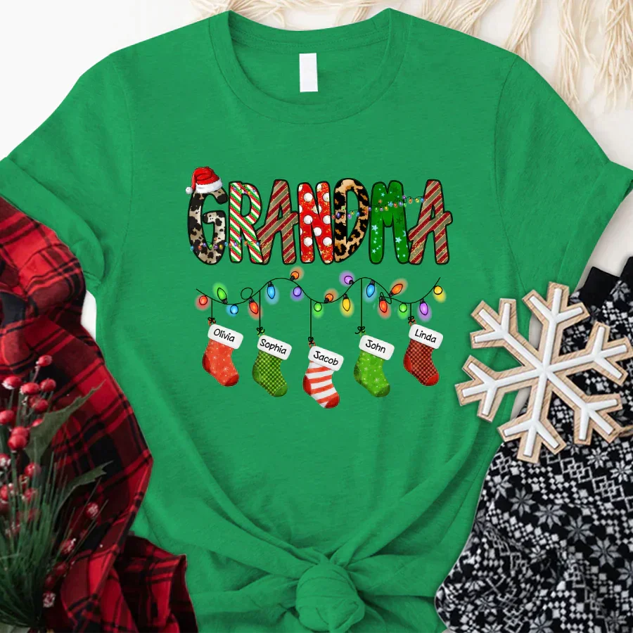 Lofaris Custom Name Grandma Christmas Stockings T-Shirt