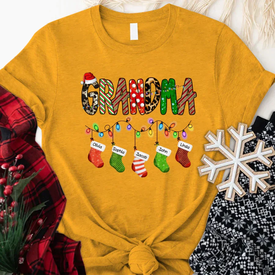 Lofaris Custom Name Grandma Christmas Stockings T-Shirt