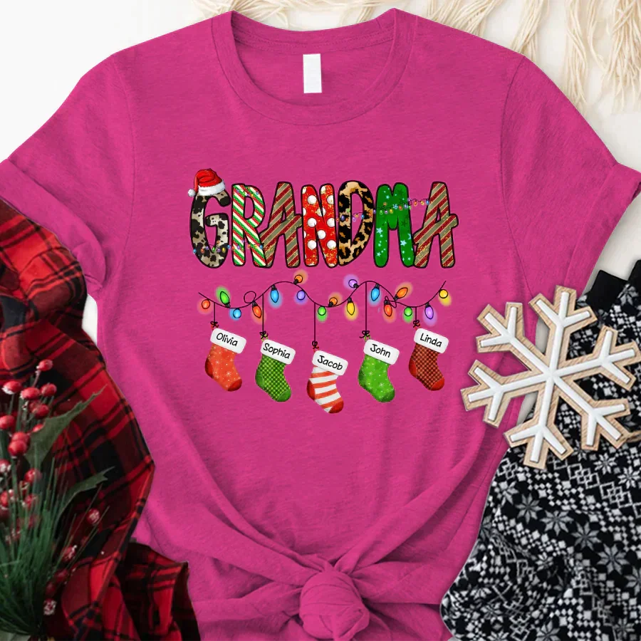 Lofaris Custom Name Grandma Christmas Stockings T-Shirt