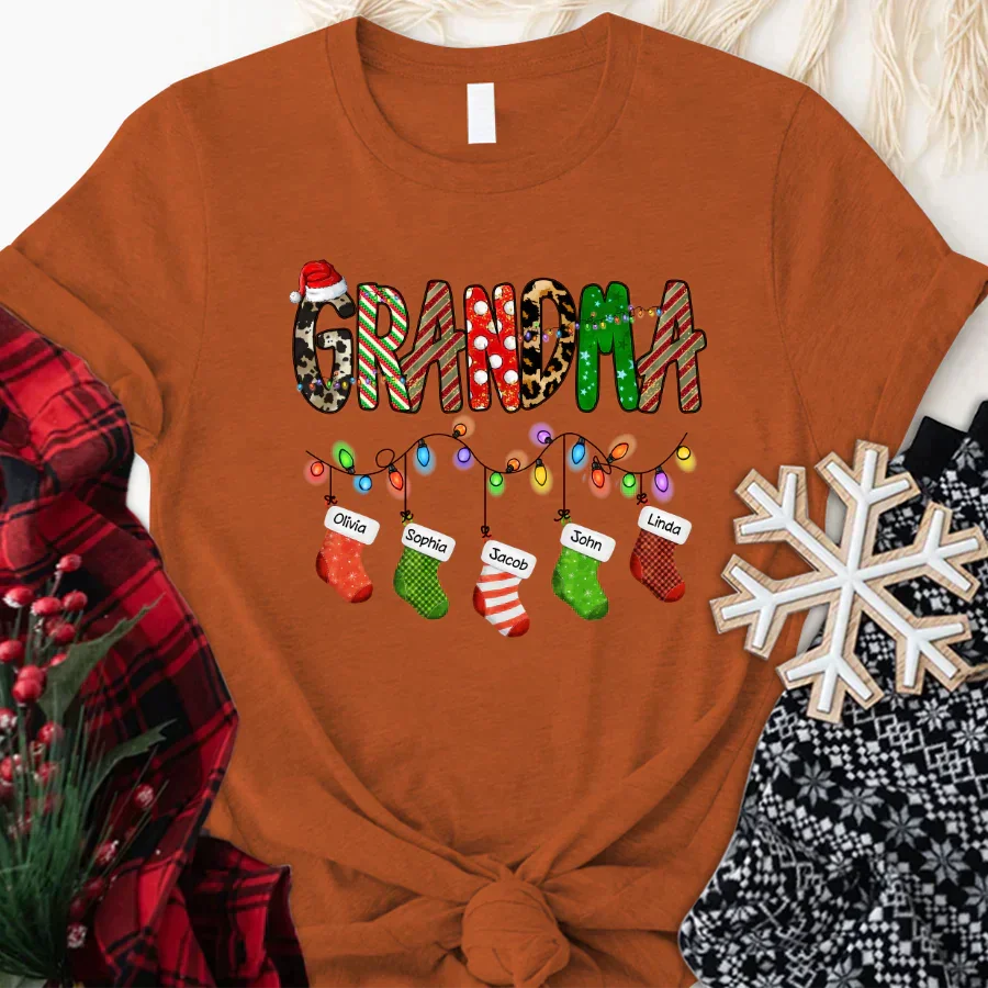 Lofaris Custom Name Grandma Christmas Stockings T-Shirt