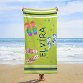 Lofaris Custom Name Green Beach Slippers Summer Towel