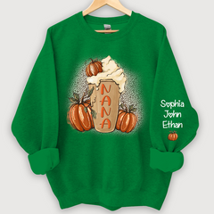 Lofaris Personalized Nana Latte With Pumpkin Grandkids Fall Coffie Sweatshirt
