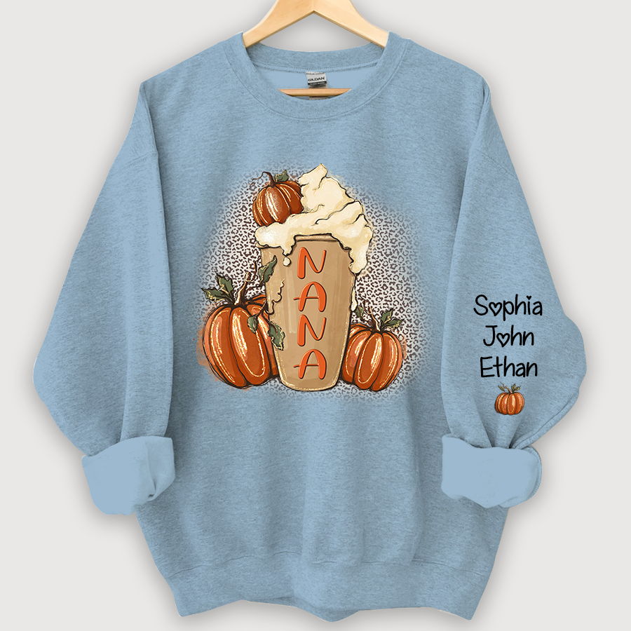 Lofaris Personalized Nana Latte With Pumpkin Grandkids Fall Coffie Sweatshirt