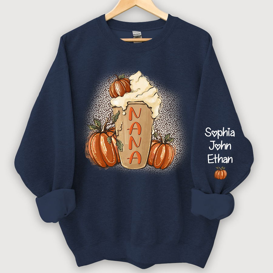 Lofaris Personalized Nana Latte With Pumpkin Grandkids Fall Coffie Sweatshirt