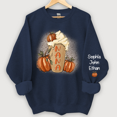 Lofaris Personalized Nana Latte With Pumpkin Grandkids Fall Coffie Sweatshirt