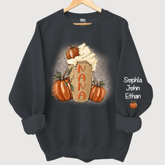 Lofaris Personalized Nana Latte With Pumpkin Grandkids Fall Coffie Sweatshirt