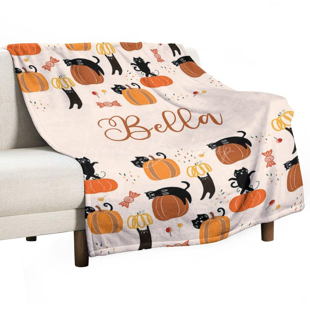 Lofaris Custom Name Orange Pumpkins Cats Halloween Blanket
