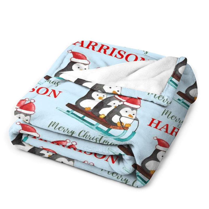 Lofaris Custom Name Penguin Sleigh Repeat Christmas Blanket