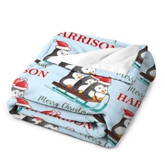 Lofaris Custom Name Penguin Sleigh Repeat Christmas Blanket