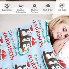 Lofaris Custom Name Penguin Sleigh Repeat Christmas Blanket