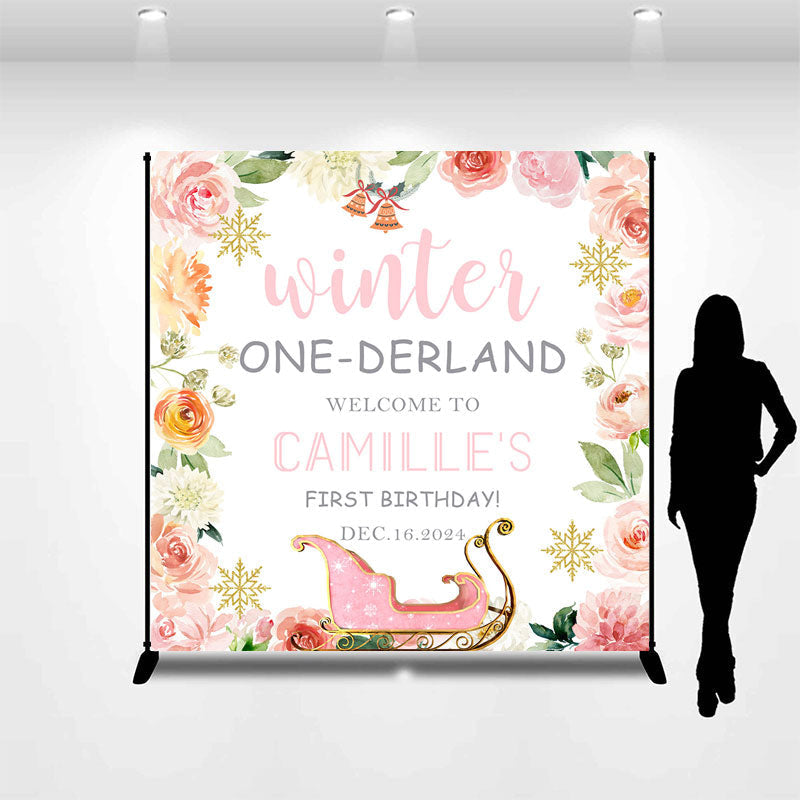 Lofaris Custom Name Pink Floral Sleigh 1st Birthday Backdrop
