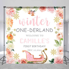 Lofaris Custom Name Pink Floral Sleigh 1st Birthday Backdrop