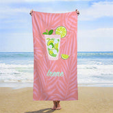 Lofaris Custom Name Pink Leaves Lemon Juice Girl Beach Towel