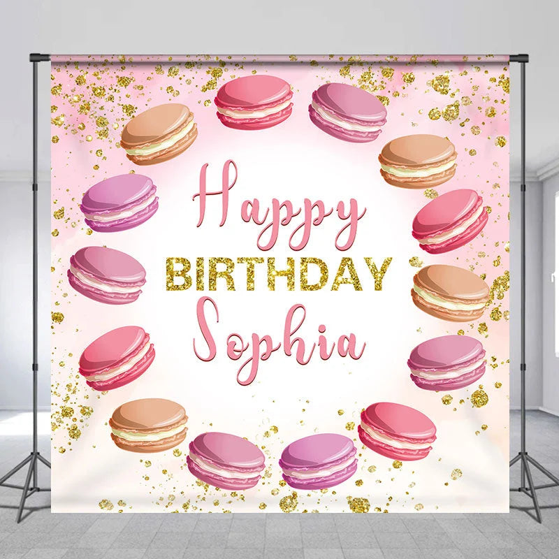 Lofaris Custom Name Pink Macarons Happy Birthday Backdrop