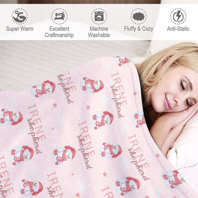 Lofaris Custom Name Pink Snowman Repeat Christmas Blanket