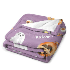 Lofaris Custom Name Purple Pumpkins Ghost Halloween Blanket