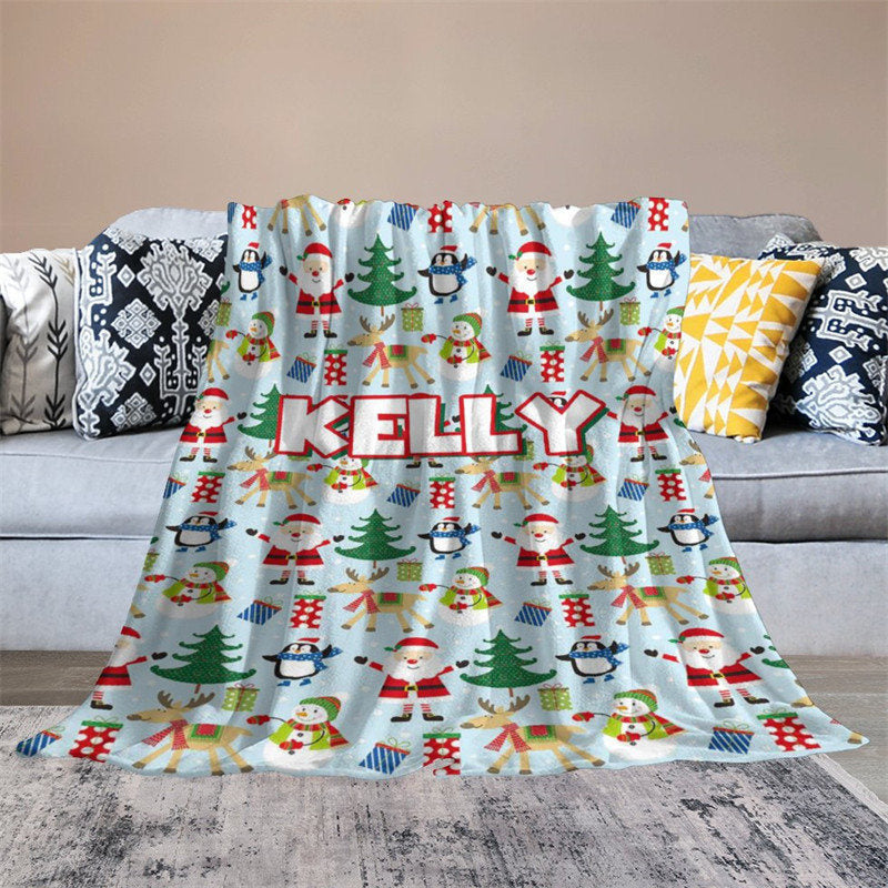 Lofaris Custom Name Santa Snowman Animals Christmas Blanket