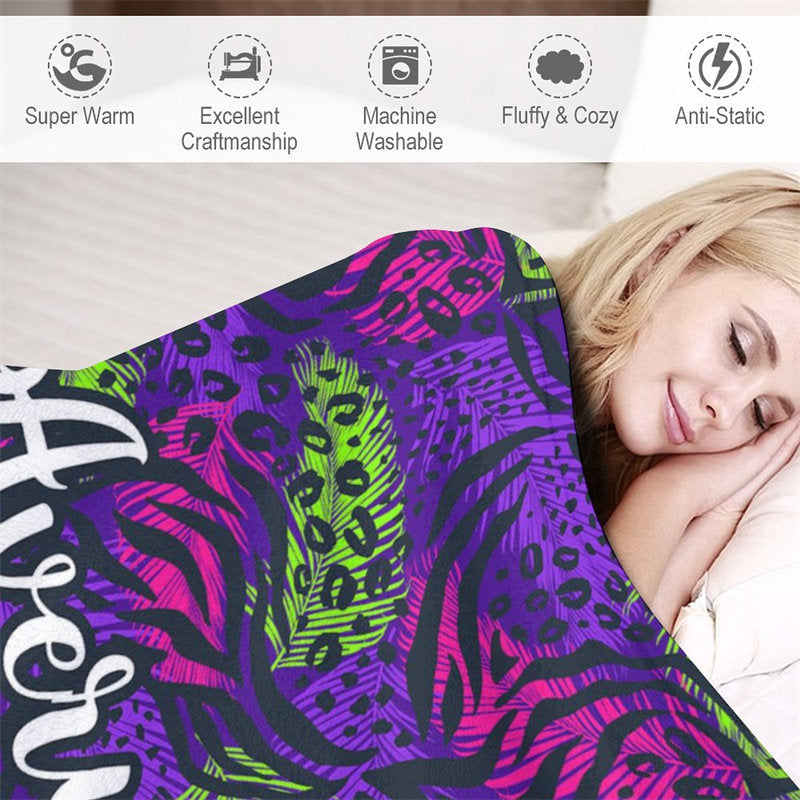 Lofaris Custom Name Tropical Tiger Leaves Pattern Blanket