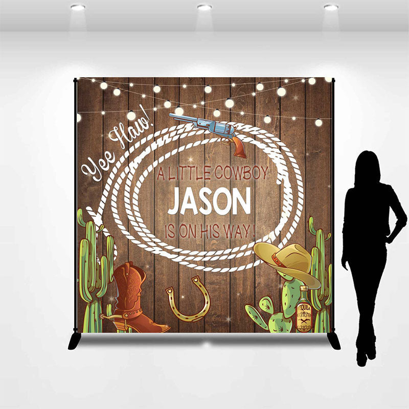 Lofaris Custom Name Wooden Cactu Cowboy Baby Shower Backdrop