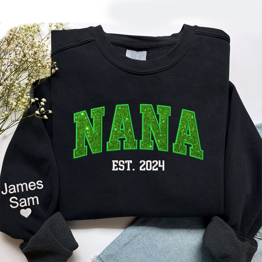 Lofaris Custom Nana Green Glitter Embroidered Kids Sweatshirt