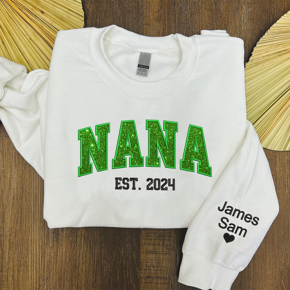 Lofaris Custom Nana Green Glitter Embroidered Kids Sweatshirt