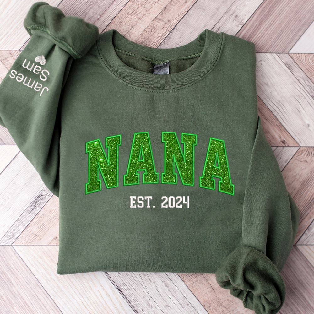 Lofaris Custom Nana Green Glitter Embroidered Kids Sweatshirt
