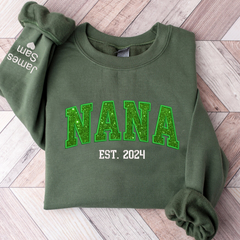 Lofaris Custom Nana Green Glitter Embroidered Kids Sweatshirt